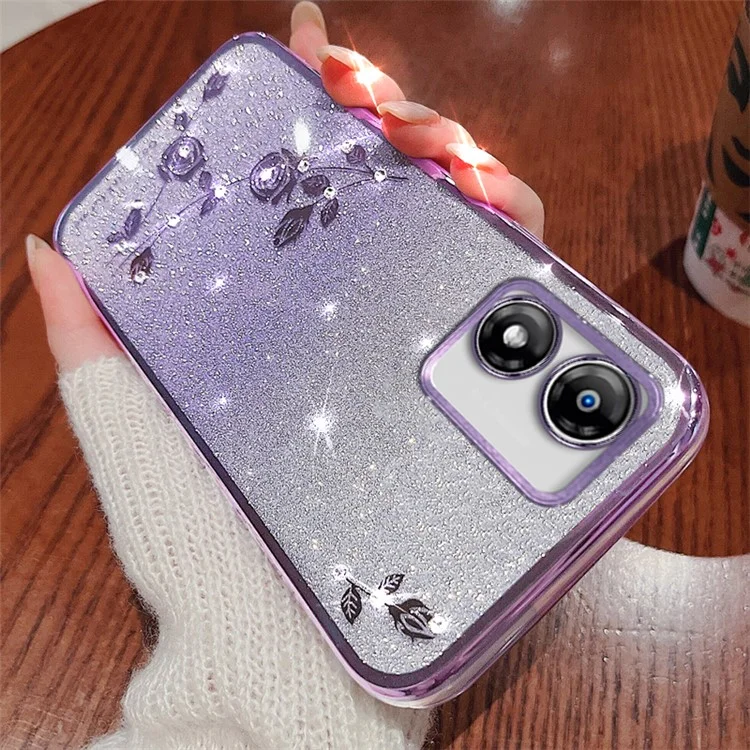 KADEM For Motorola Moto E13 4G TPU Case Flower Pattern Glitter Phone Cover with Strap - Purple
