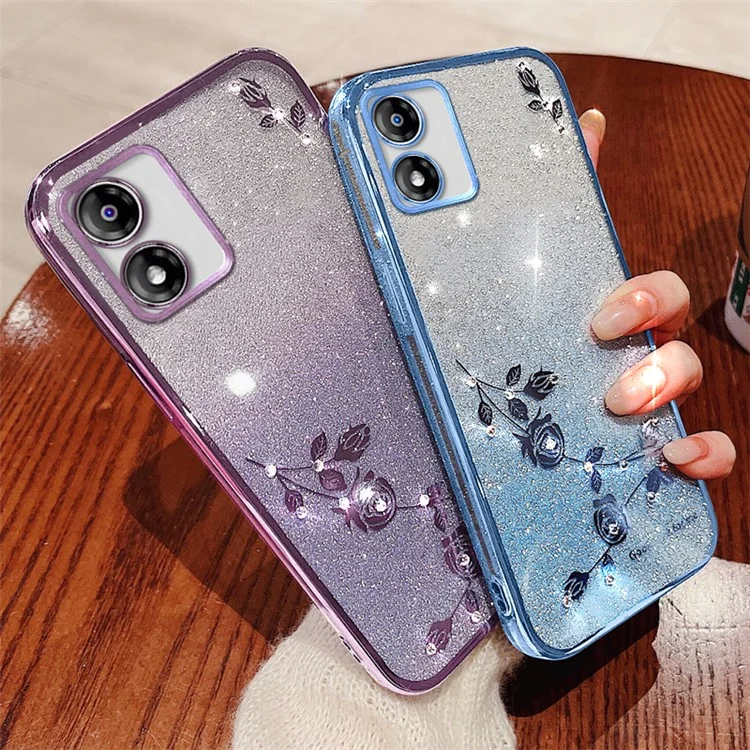 KADEM For Motorola Moto E13 4G TPU Case Flower Pattern Glitter Phone Cover with Strap - Purple