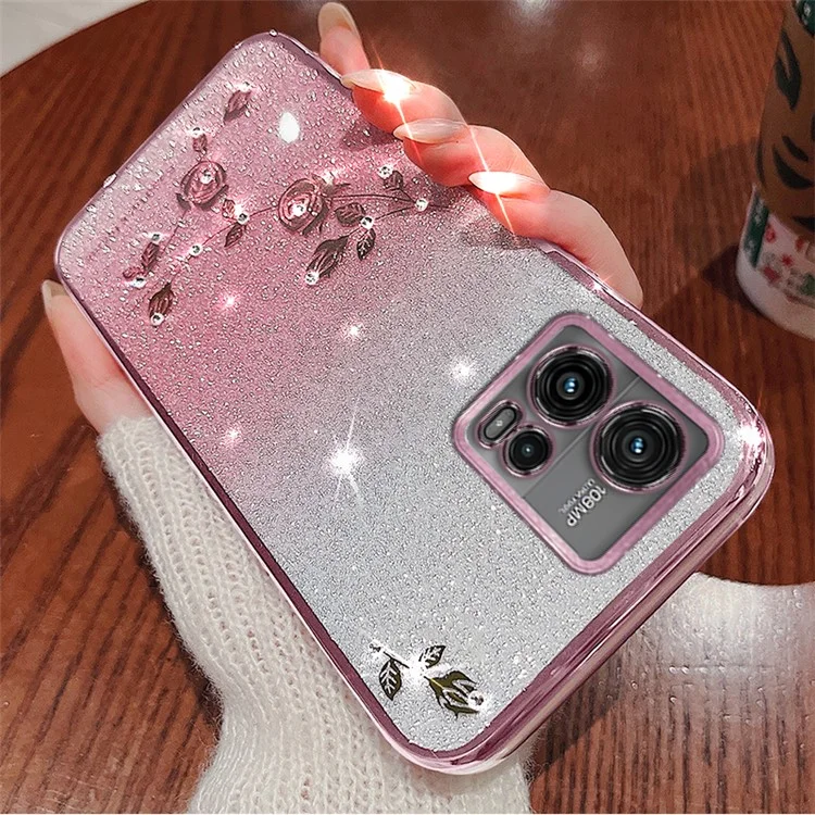 KADEM Для Motorola Moto G72 5G TPU-чехол с кристаллами и цветочным узором с ремешком для переноски - розовое золото