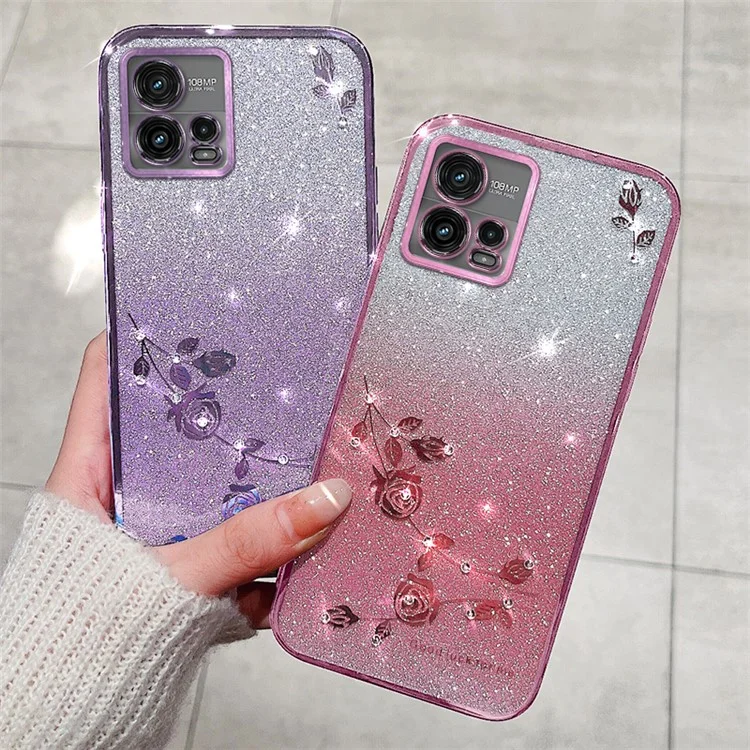 KADEM Для Motorola Moto G72 5G TPU-чехол с кристаллами и цветочным узором с ремешком для переноски - розовое золото