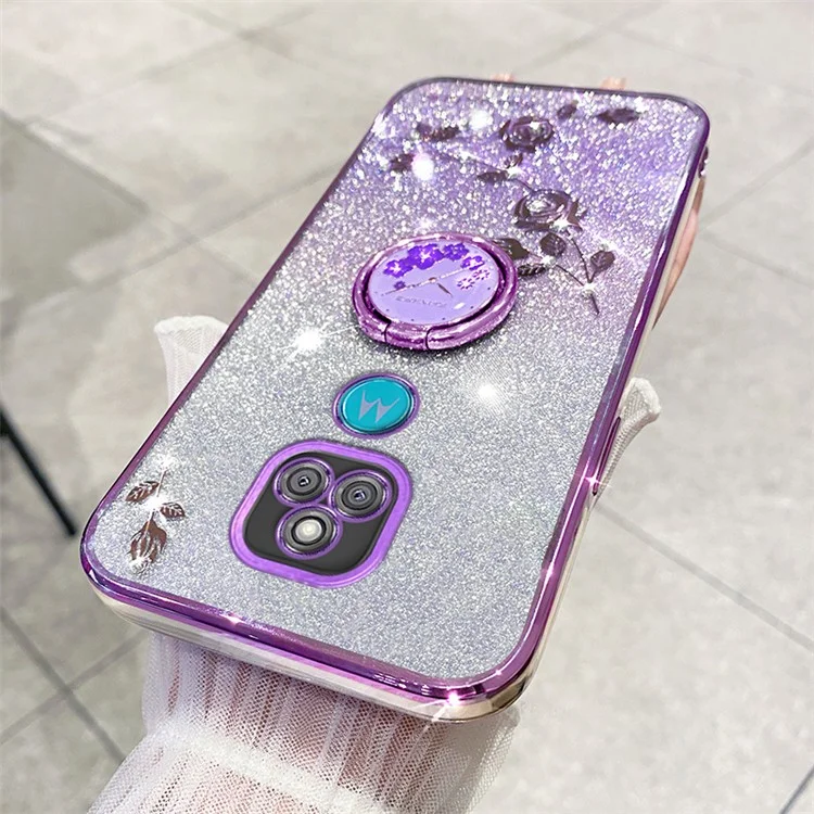 KADEM Pour Motorola Moto E7 Plus Étui Motif Fleurs TPU Housse Téléphone avec Anneau Support - Violet