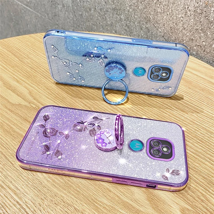 KADEM Pour Motorola Moto E7 Plus Étui Motif Fleurs TPU Housse Téléphone avec Anneau Support - Violet