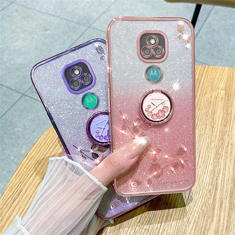KADEM Pour Motorola Moto E7 Plus Étui Motif Fleurs TPU Housse Téléphone avec Anneau Support - Violet