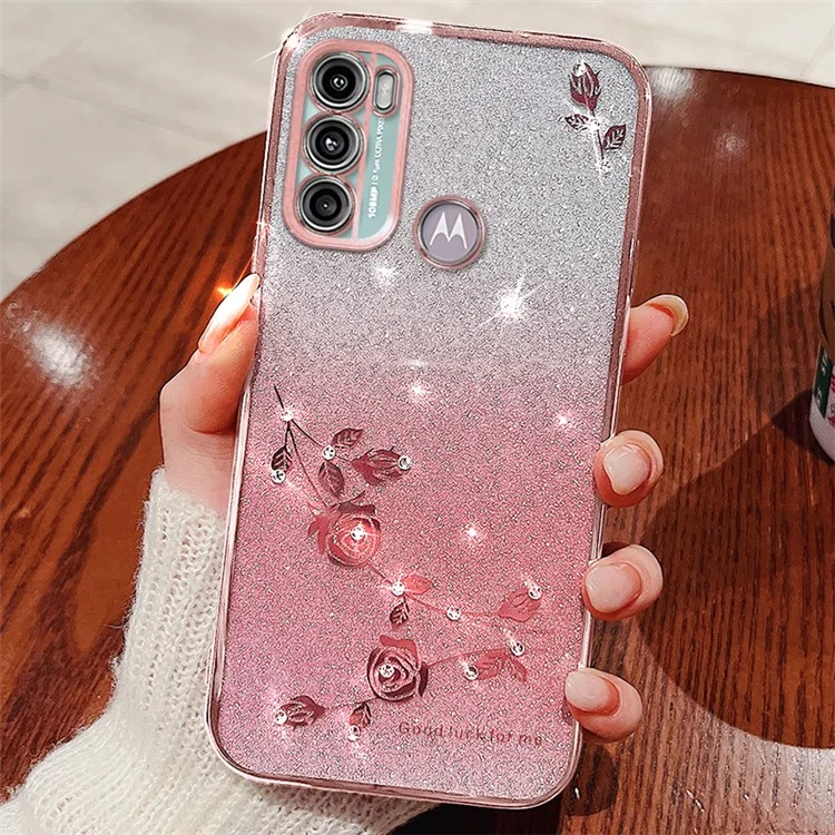 KADEM Für Motorola Moto G60 / G40 Fusion Hülle TPU Handyhülle mit Strass Blume - Roségold