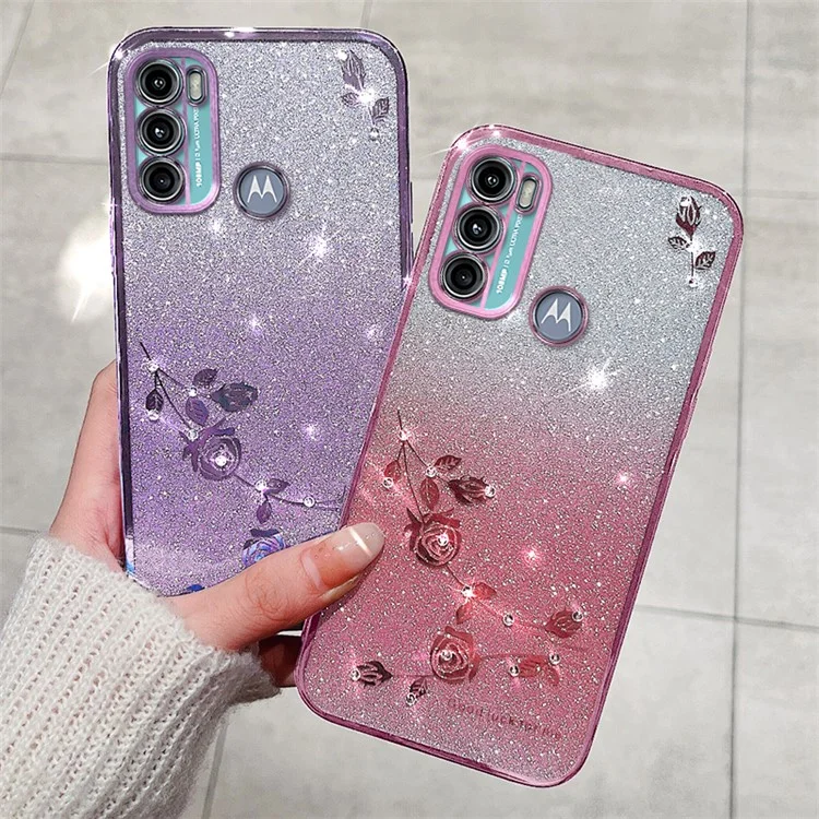 KADEM Für Motorola Moto G60 / G40 Fusion Hülle TPU Handyhülle mit Strass Blume - Roségold