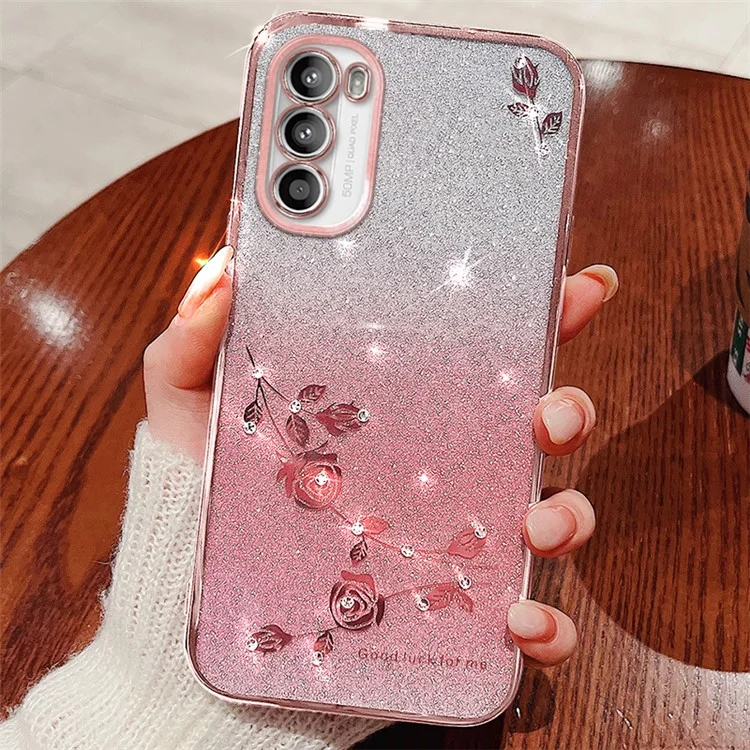 KADEM For Motorola Moto G82 5G / G52 4G / G71s 5G Case Rhinestone Flower Phone Cover - Rose Gold