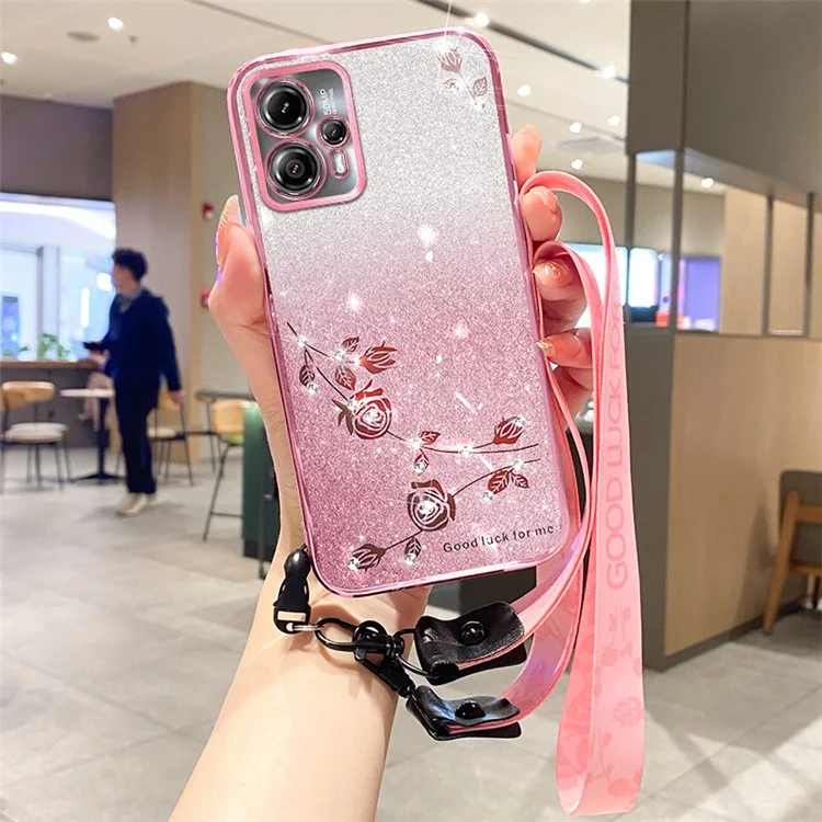 KADEM Per Motorola Moto G14 4G Custodia per Telefono Decorazione con Strass TPU Cover con Cinturino - Rose Gold