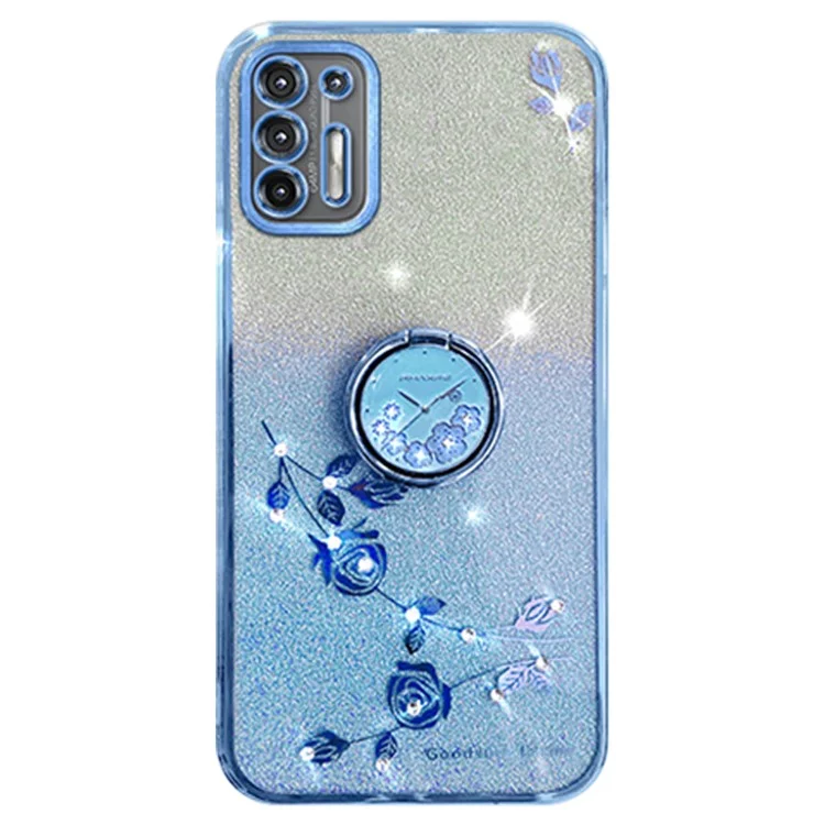 Чехол KADEM для Motorola Moto G9 Plus с цветочным декором, кольцевой подставкой, ТПУ-покрытием - синий