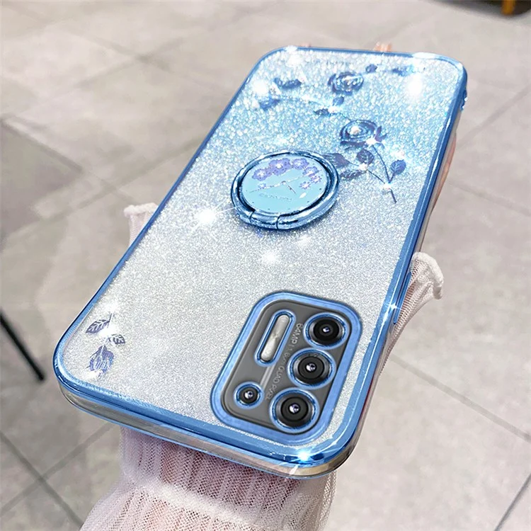 Чехол KADEM для Motorola Moto G9 Plus с цветочным декором, кольцевой подставкой, ТПУ-покрытием - синий