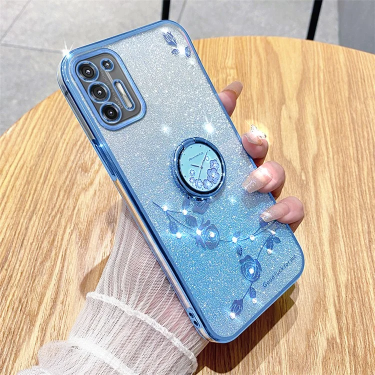 Чехол KADEM для Motorola Moto G9 Plus с цветочным декором, кольцевой подставкой, ТПУ-покрытием - синий