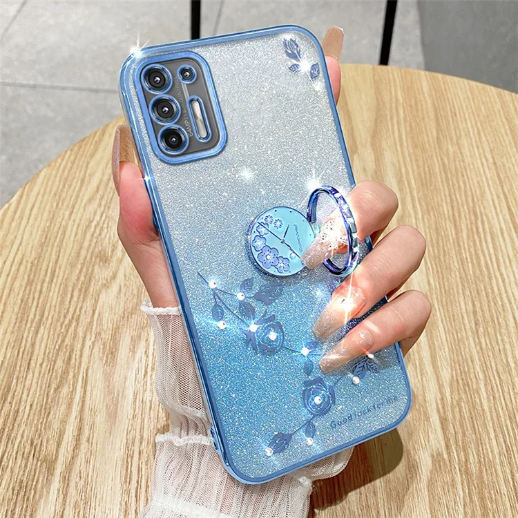 Чехол KADEM для Motorola Moto G9 Plus с цветочным декором, кольцевой подставкой, ТПУ-покрытием - синий