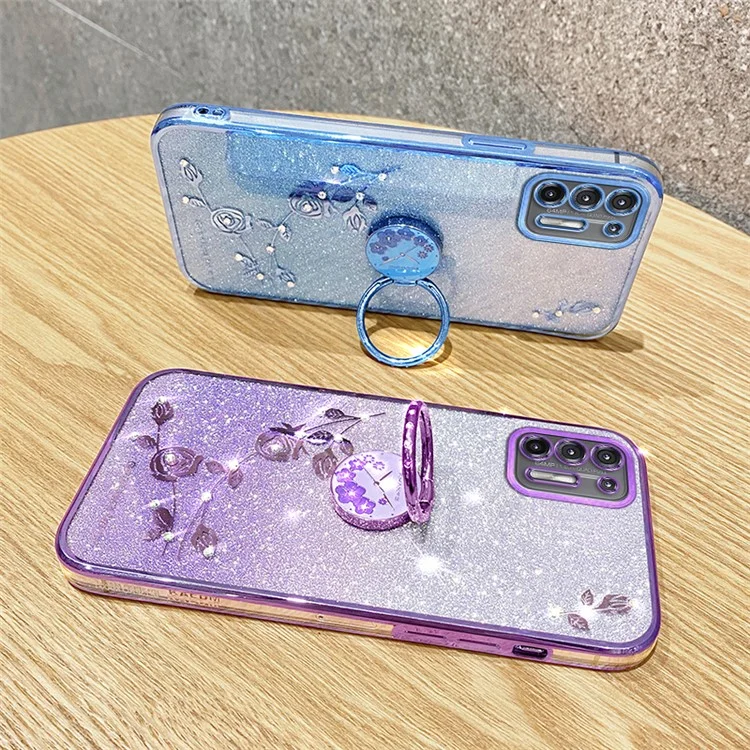 Чехол KADEM для Motorola Moto G9 Plus с цветочным декором, кольцевой подставкой, ТПУ-покрытием - синий