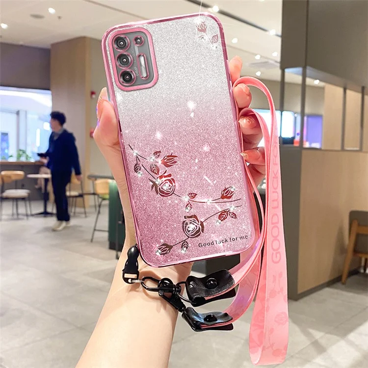 KADEM Für Motorola Moto G9 Plus Hülle Farbverlauf Bling Glitzer Strass Blume Handyhülle mit Trageriemen - Roségold