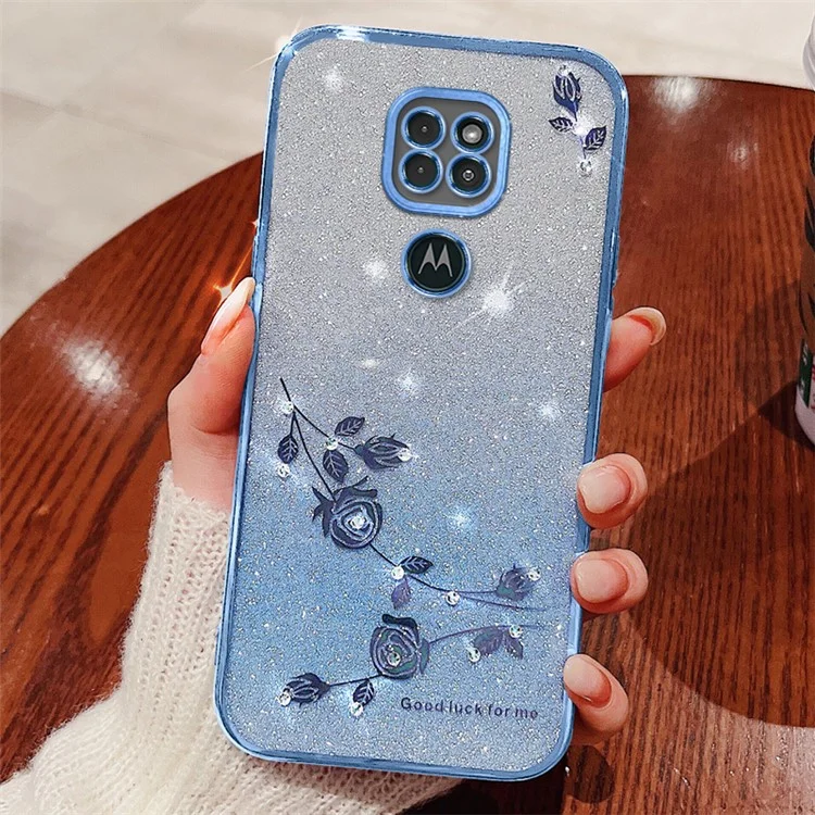KADEM For Motorola Moto G9 Play TPU Case Phone Cover with Glitter Rhinestone Flower - Blue