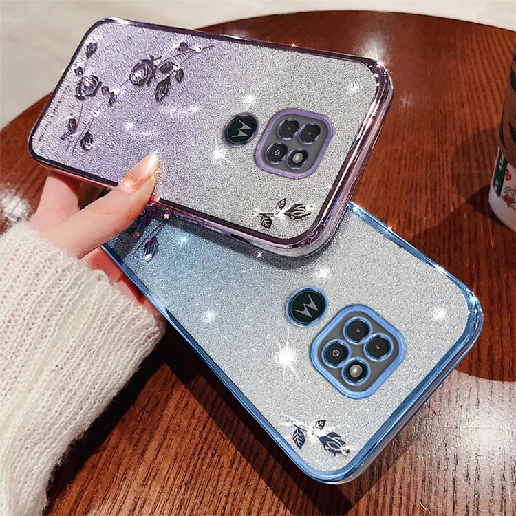 KADEM For Motorola Moto G9 Play TPU Case Phone Cover with Glitter Rhinestone Flower - Blue