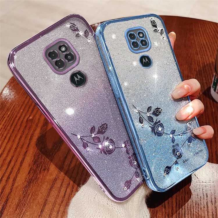 KADEM For Motorola Moto G9 Play TPU Case Phone Cover with Glitter Rhinestone Flower - Blue