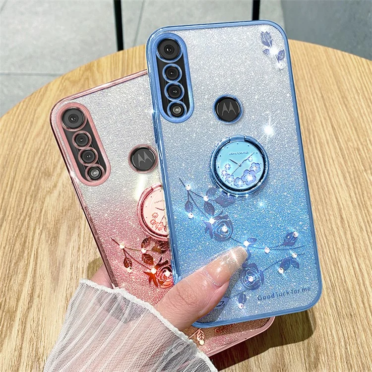 KADEM For Motorola Moto G8 Play TPU Case Rhinestone Flower Phone Cover with Kickstand - Rose Gold