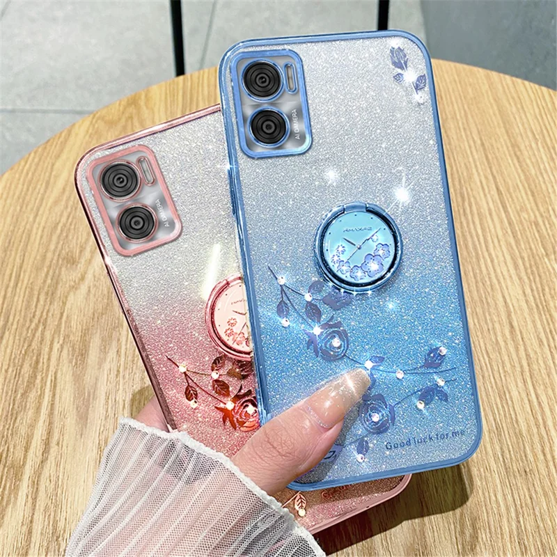 KADEM For Motorola Moto E22 4G / E22i 4G TPU Cover Ring Kickstand Glitter Phone Case - Rose Gold