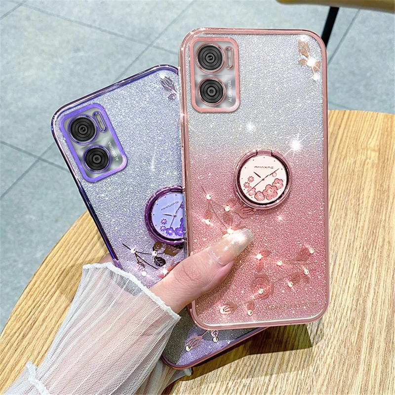 KADEM For Motorola Moto E22 4G / E22i 4G TPU Cover Ring Kickstand Glitter Phone Case - Rose Gold