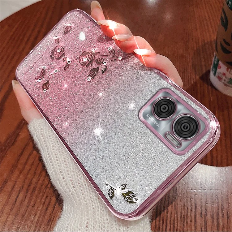 KADEM Para Motorola Moto E22 4G / E22i 4G Funda Flor TPU Cubierta con Decoración de Rhinestone - Oro Rosa