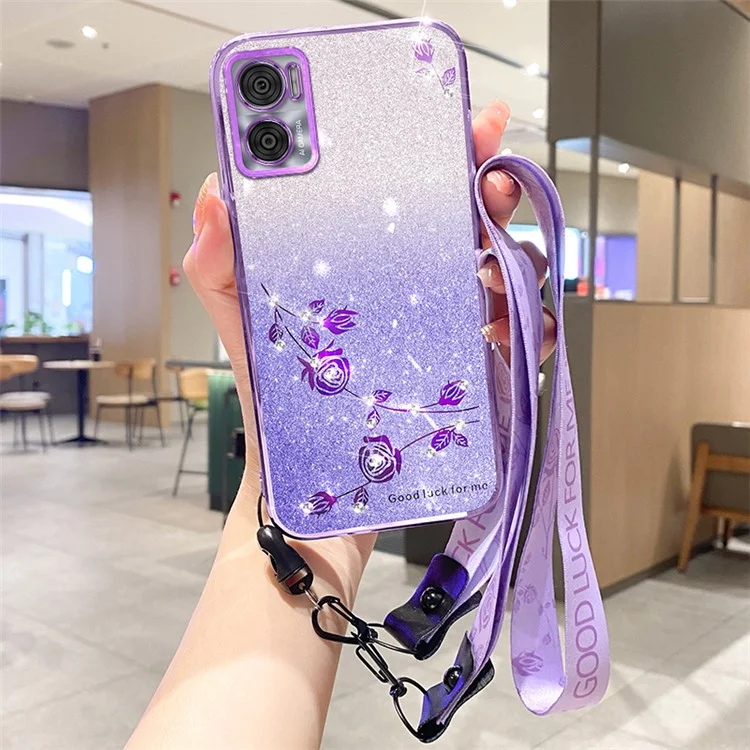 KADEM Para Motorola Moto E22 4G / E22i 4G Capa com Glitter Macia de TPU Capa de Telefone com Alça - Roxo