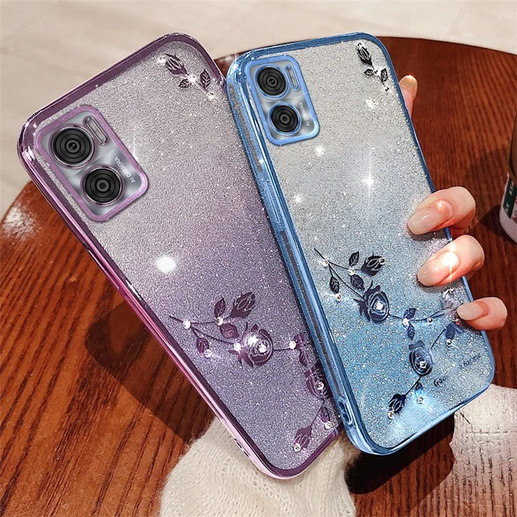KADEM Para Motorola Moto E22 4G / E22i 4G Capa com Glitter Macia de TPU Capa de Telefone com Alça - Roxo