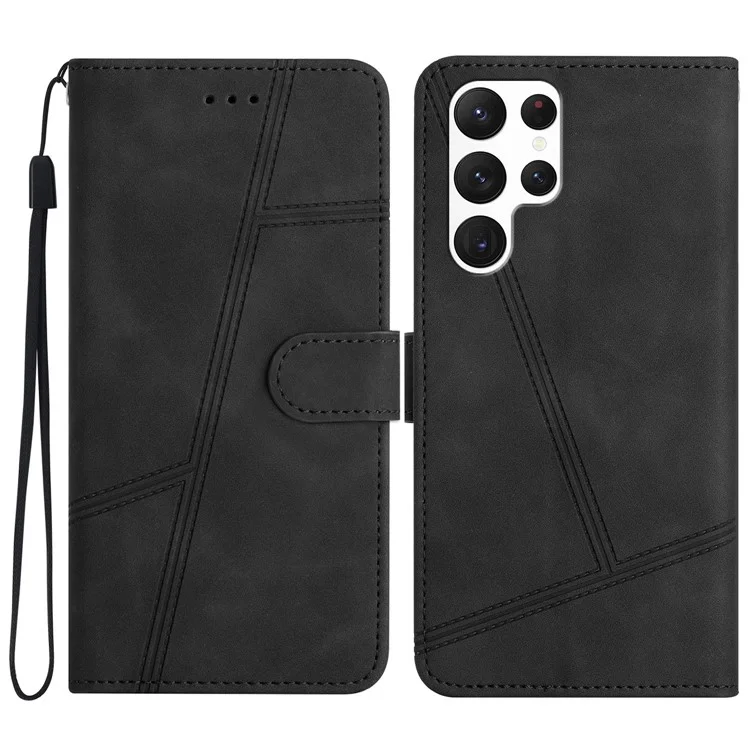 Para Samsung Galaxy S24 Ultra Capa de Couro Linhas Impressas Carteira Stand Cover - Preto