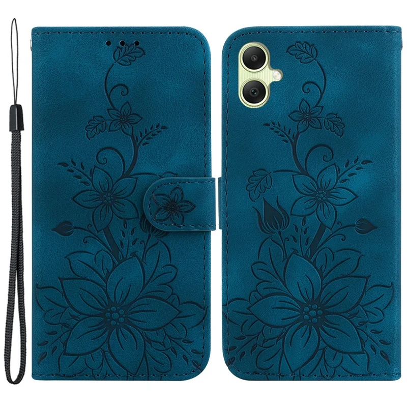 Pour Samsung Galaxy A05 4G Étui en cuir portefeuille Lily Flower Imprint Téléphone Anti-chute Couvercle - Bleu foncé