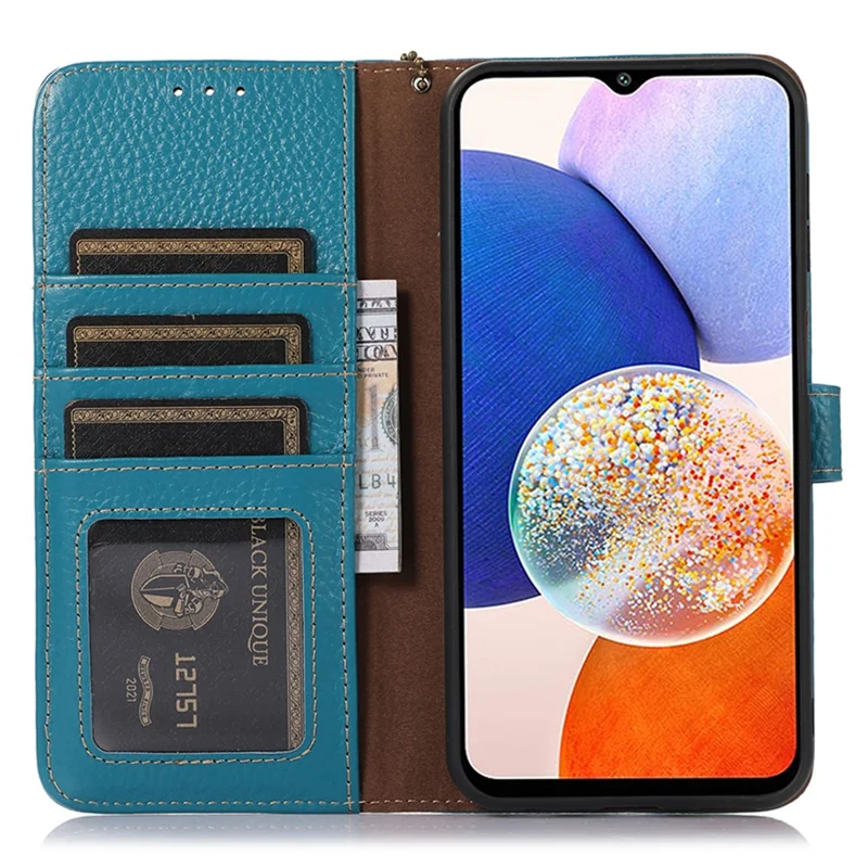 Für Samsung Galaxy S25+ / S24+ Hülle mit Leder-Optik, echtes Rindsleder mit Litschi-Struktur, Wallet-Case - Blau