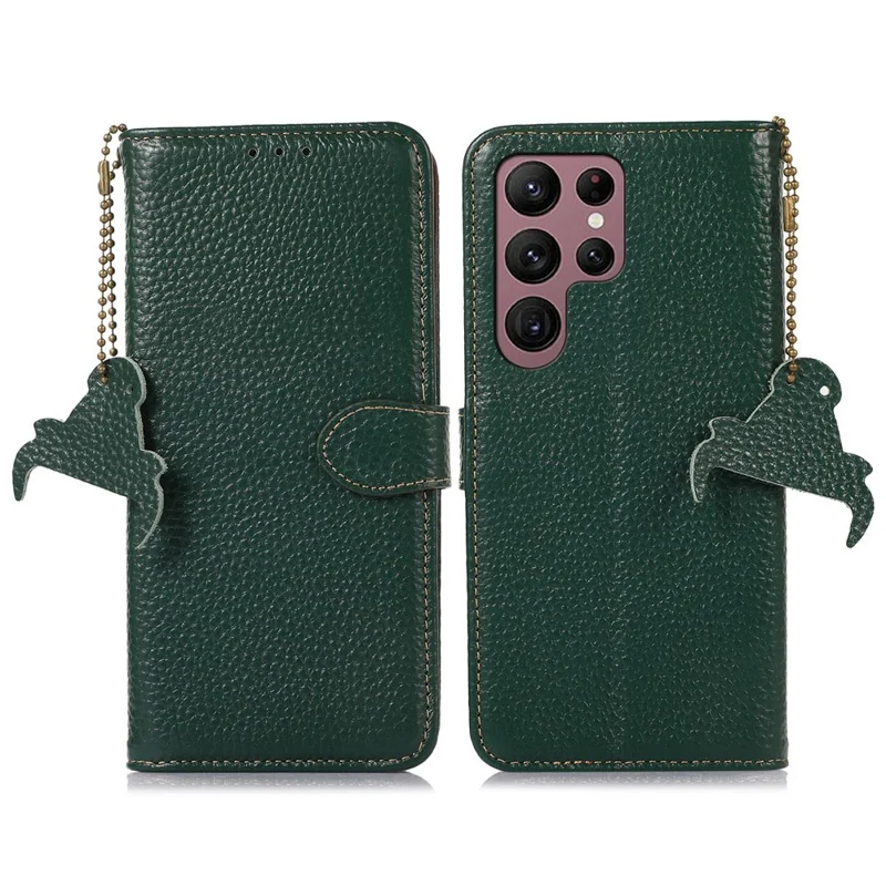 Pour Samsung Galaxy S24 Ultra Case RFID Blocking Genuine Cow Leather Phone Cover - Vert