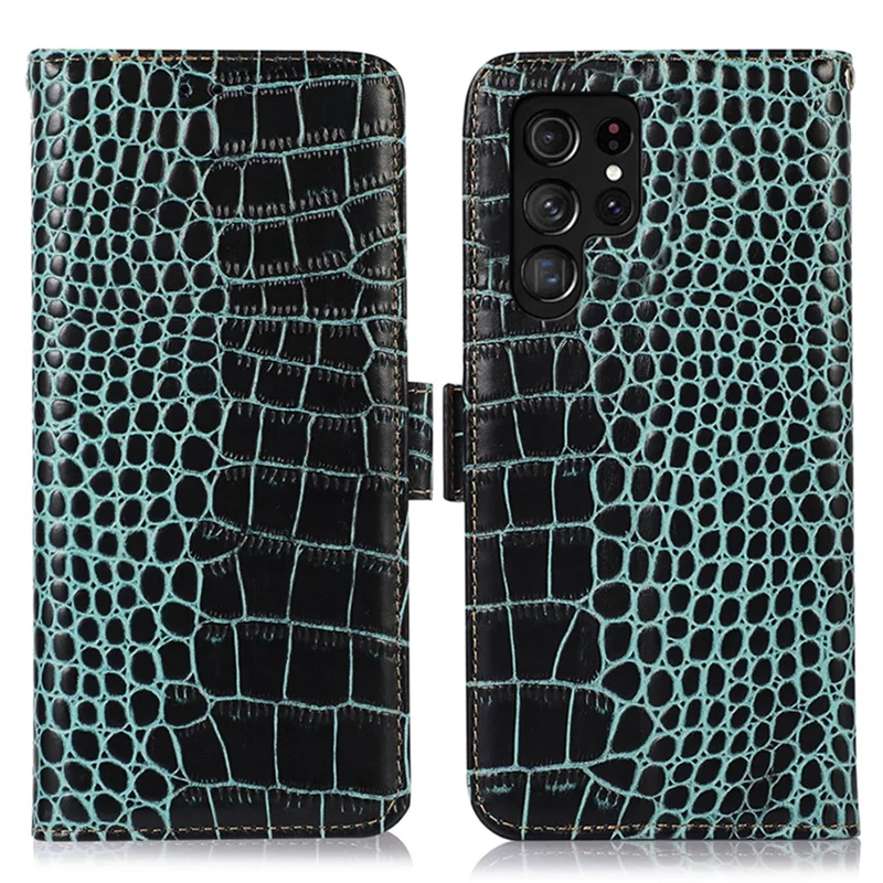 For Samsung Galaxy S24 Ultra Case RFID Blocking Genuine Cow Leather Wallet Phone Cover - Green