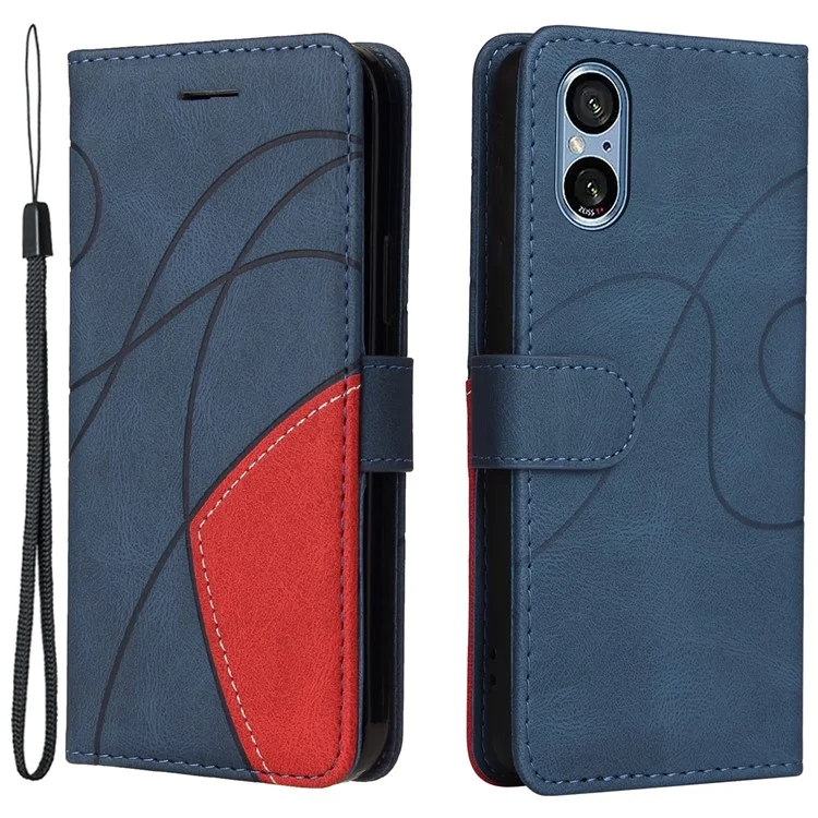 For Sony Xperia 5 V Leather Case Wallet Stand Color Splicing Phone Cover - Blue