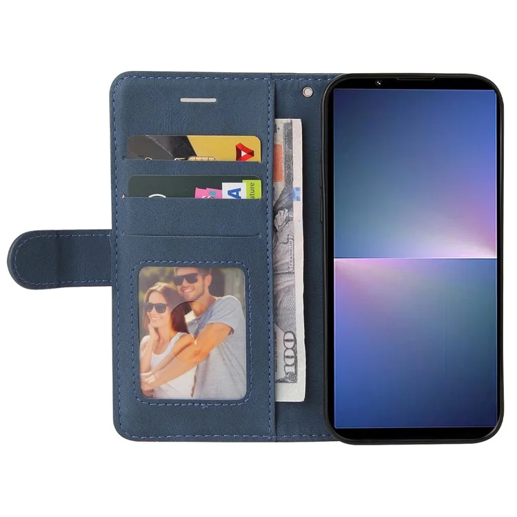 For Sony Xperia 5 V Leather Case Wallet Stand Color Splicing Phone Cover - Blue