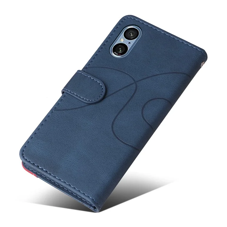 For Sony Xperia 5 V Leather Case Wallet Stand Color Splicing Phone Cover - Blue