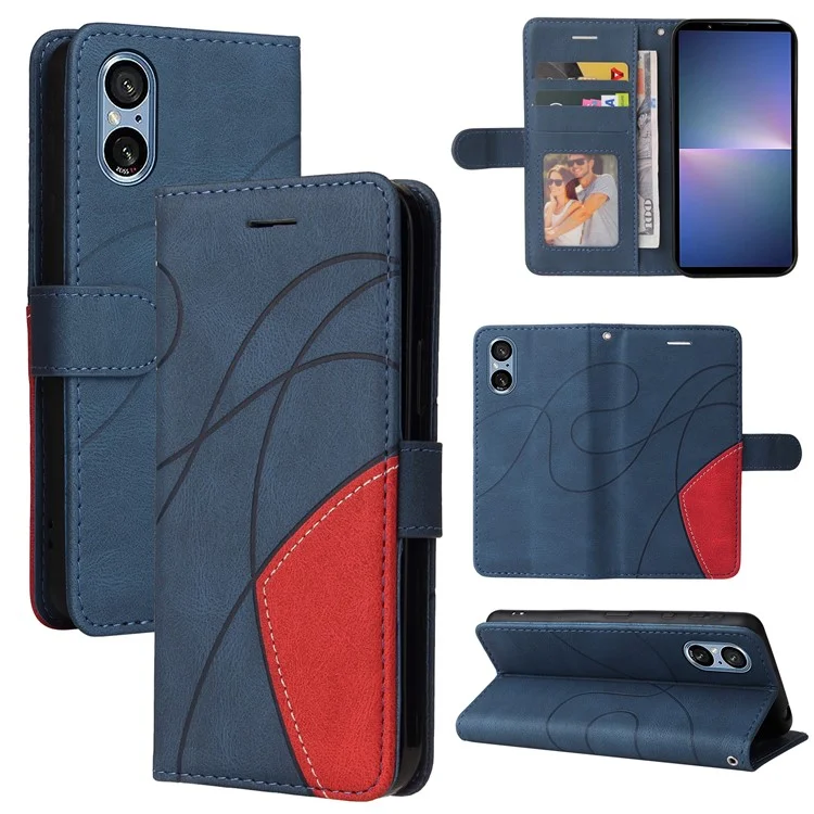 For Sony Xperia 5 V Leather Case Wallet Stand Color Splicing Phone Cover - Blue