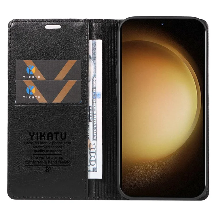 YIKATU YK-006 Capa para Samsung Galaxy S23+ Capa Carteira de Couro Textura de Litchi Capa de Telefone - Preto