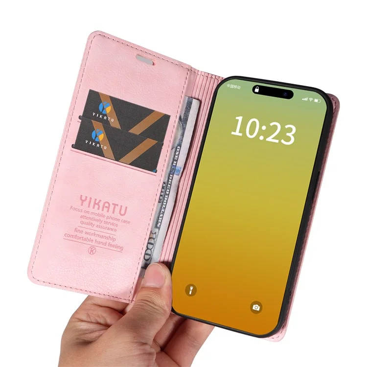YIKATU YK-006 For iPhone 15 Pro Max Case Stand Wallet Magnetic Leather Cover Phone Shell - Pink