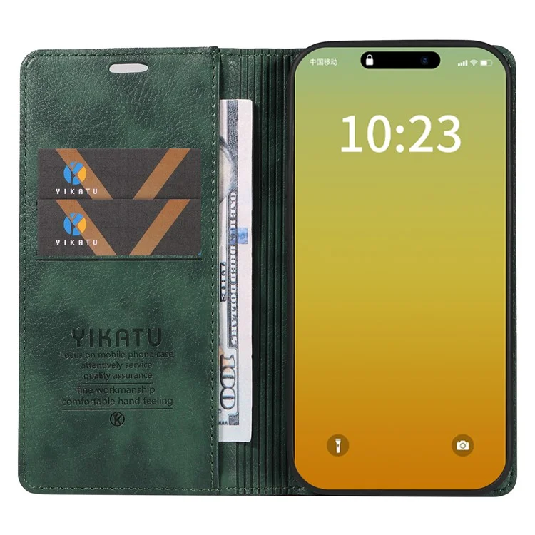 YIKATU YK-006 For iPhone 15 Pro Case Slim TPU + PU Leather Phone Shell Stand Wallet Magnetic Cover - Green