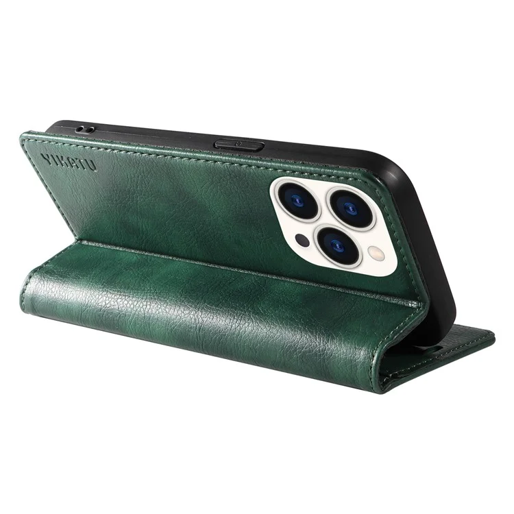 YIKATU YK-006 For iPhone 15 Pro Case Slim TPU + PU Leather Phone Shell Stand Wallet Magnetic Cover - Green