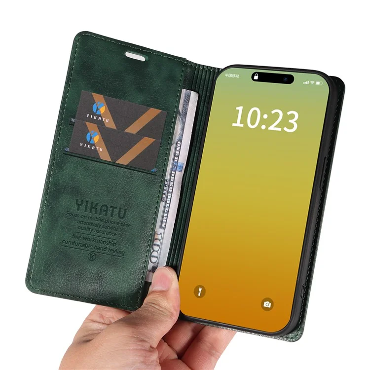 YIKATU YK-006 For iPhone 15 Pro Case Slim TPU + PU Leather Phone Shell Stand Wallet Magnetic Cover - Green