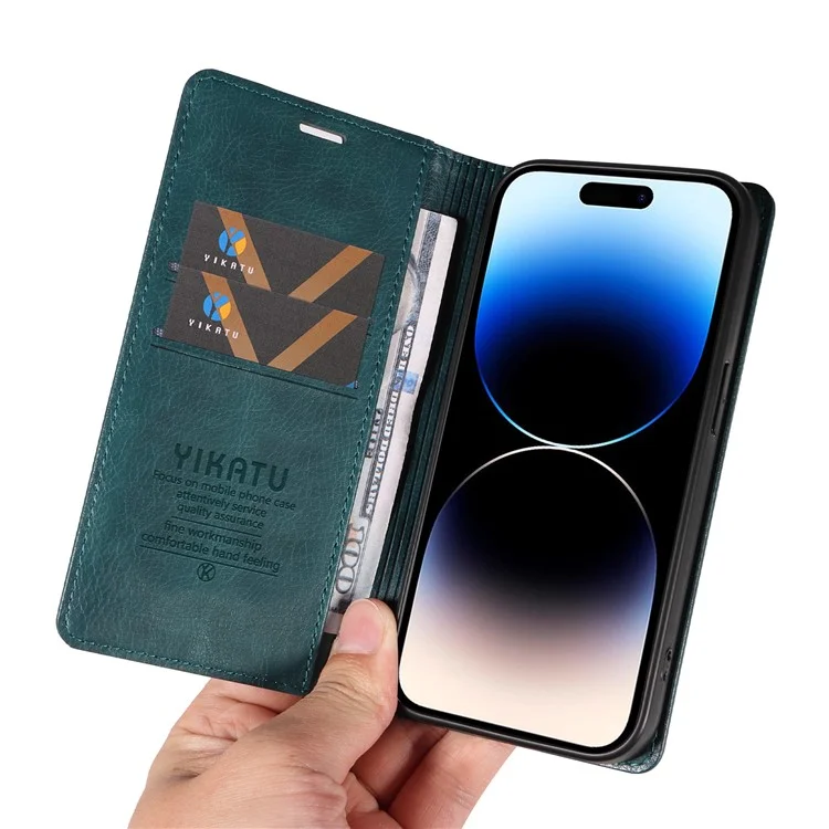 YIKATU YK-006 Funda para iPhone 14 Pro Textura de Litchi Cuero Antidesgaste Cubierta de Cartera para Teléfono - Azul