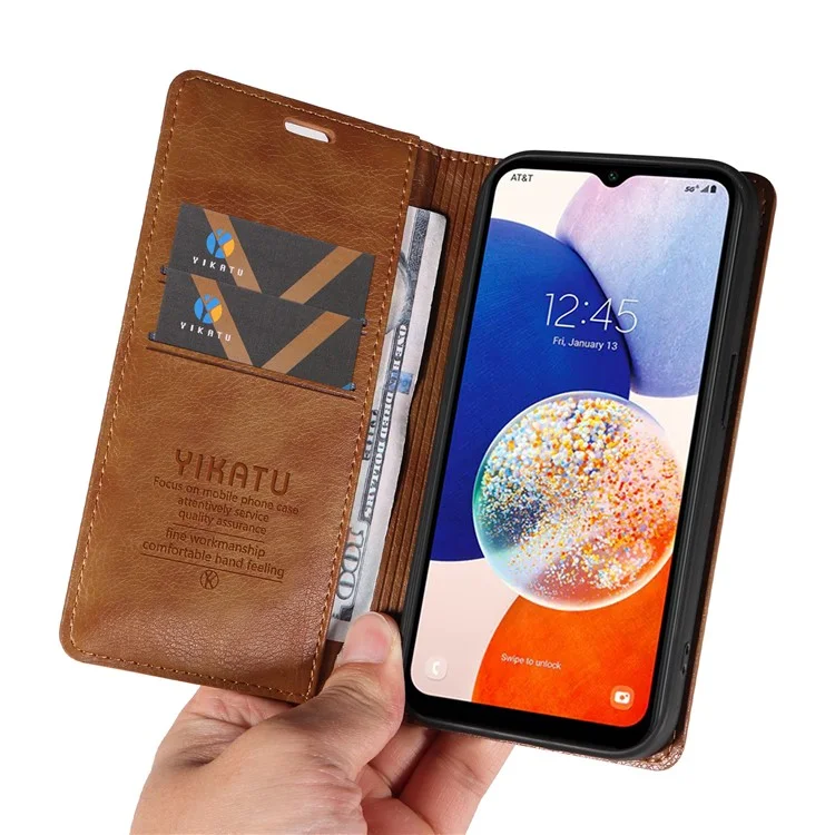 YIKATU YK-006 для Samsung Galaxy A14 5G / A14 4G Чехол из искусственной кожи с кошельком и защитой от падения - Коричневый