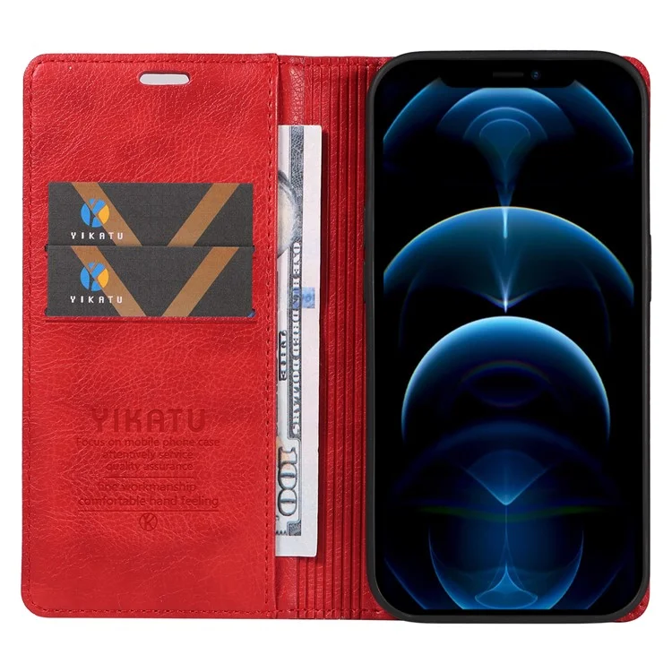 YIKATU YK-006 Pour iPhone 12 / iPhone 12 Pro 6.1 pouces Étui en cuir Fermeture magnétique Étui portefeuille pour téléphone - Rouge