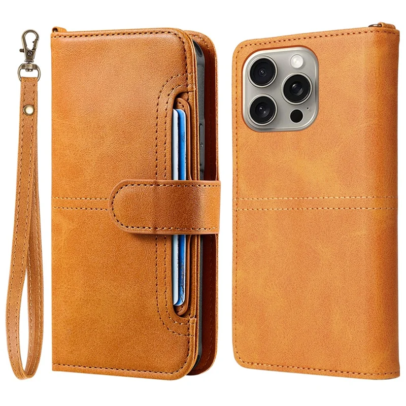 For iPhone 15 Pro Max Leather Case with Detachable Wallet and Strap Cell Phone Cover - Brown