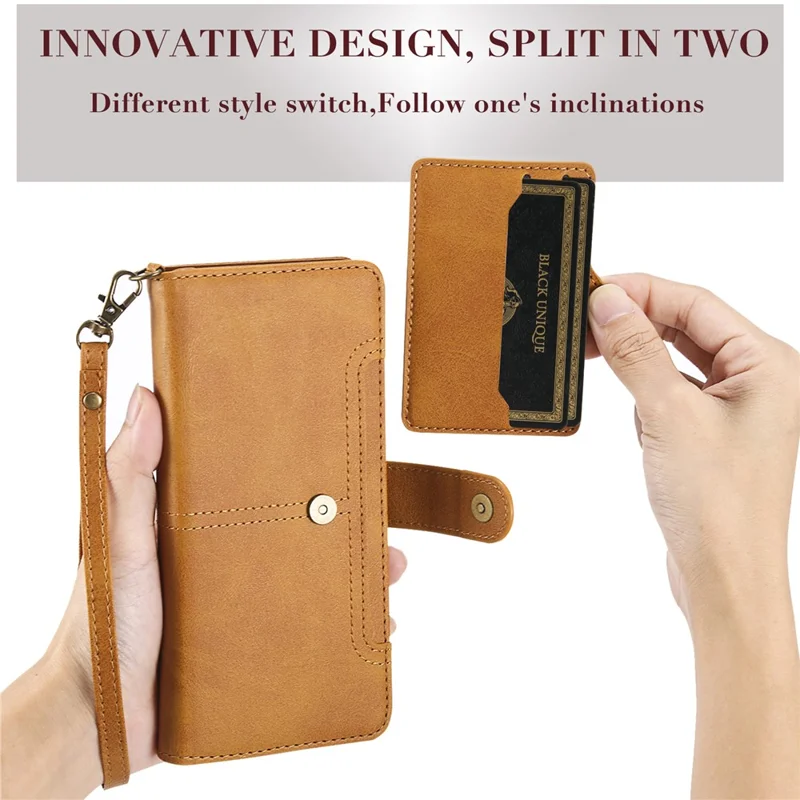 For iPhone 15 Pro Max Leather Case with Detachable Wallet and Strap Cell Phone Cover - Brown