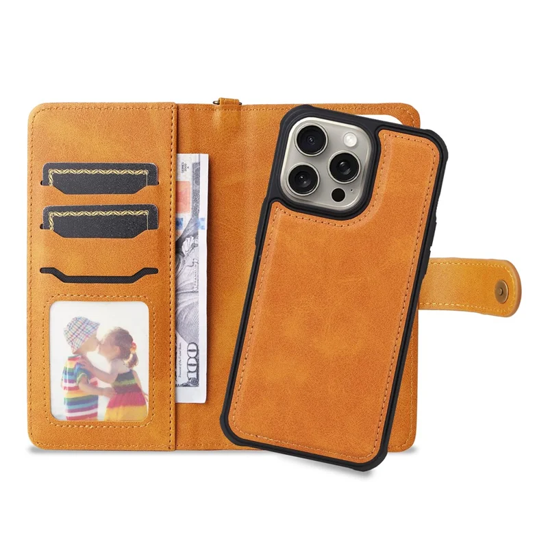 For iPhone 15 Pro Max Leather Case with Detachable Wallet and Strap Cell Phone Cover - Brown