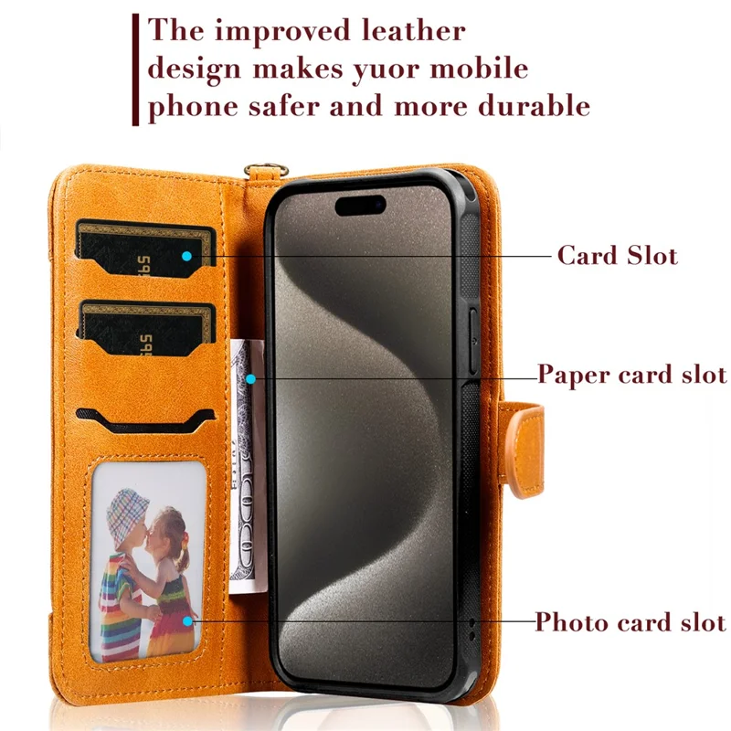 For iPhone 15 Pro Max Leather Case with Detachable Wallet and Strap Cell Phone Cover - Brown