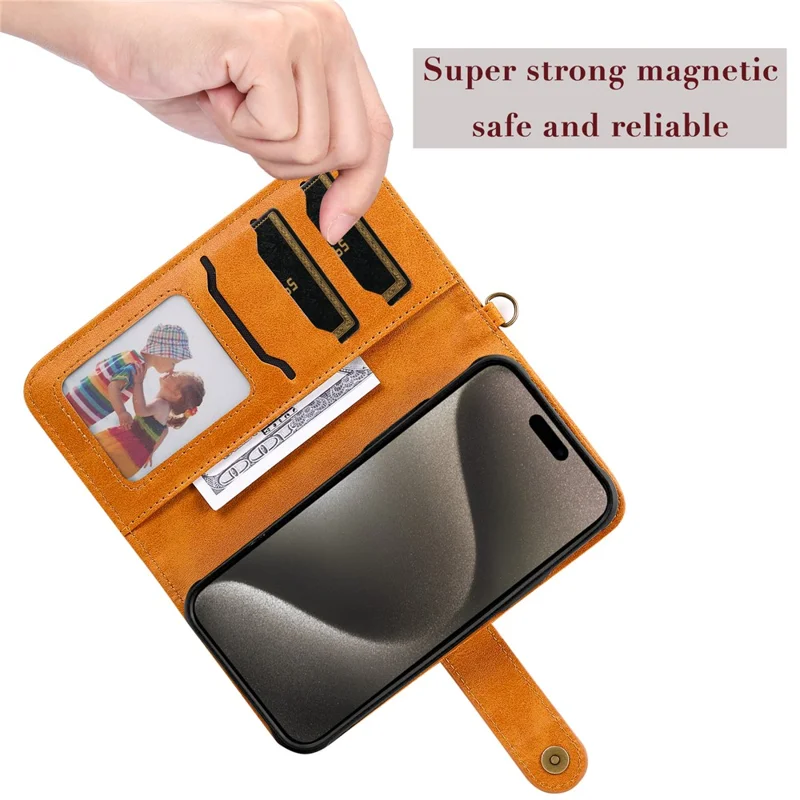 For iPhone 15 Pro Max Leather Case with Detachable Wallet and Strap Cell Phone Cover - Brown