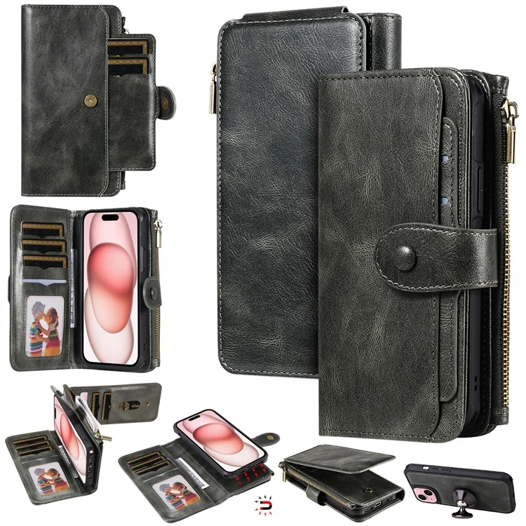 For iPhone 15 Magnetic Case Detachable PU Leather Zipper Wallet Cover - Blackish Green