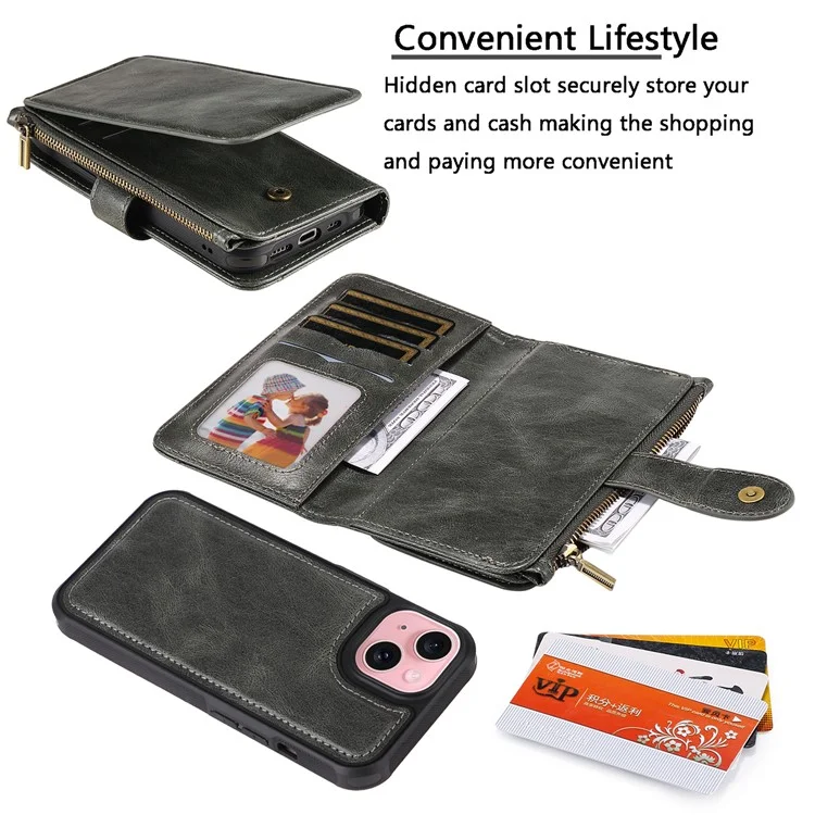 For iPhone 15 Magnetic Case Detachable PU Leather Zipper Wallet Cover - Blackish Green